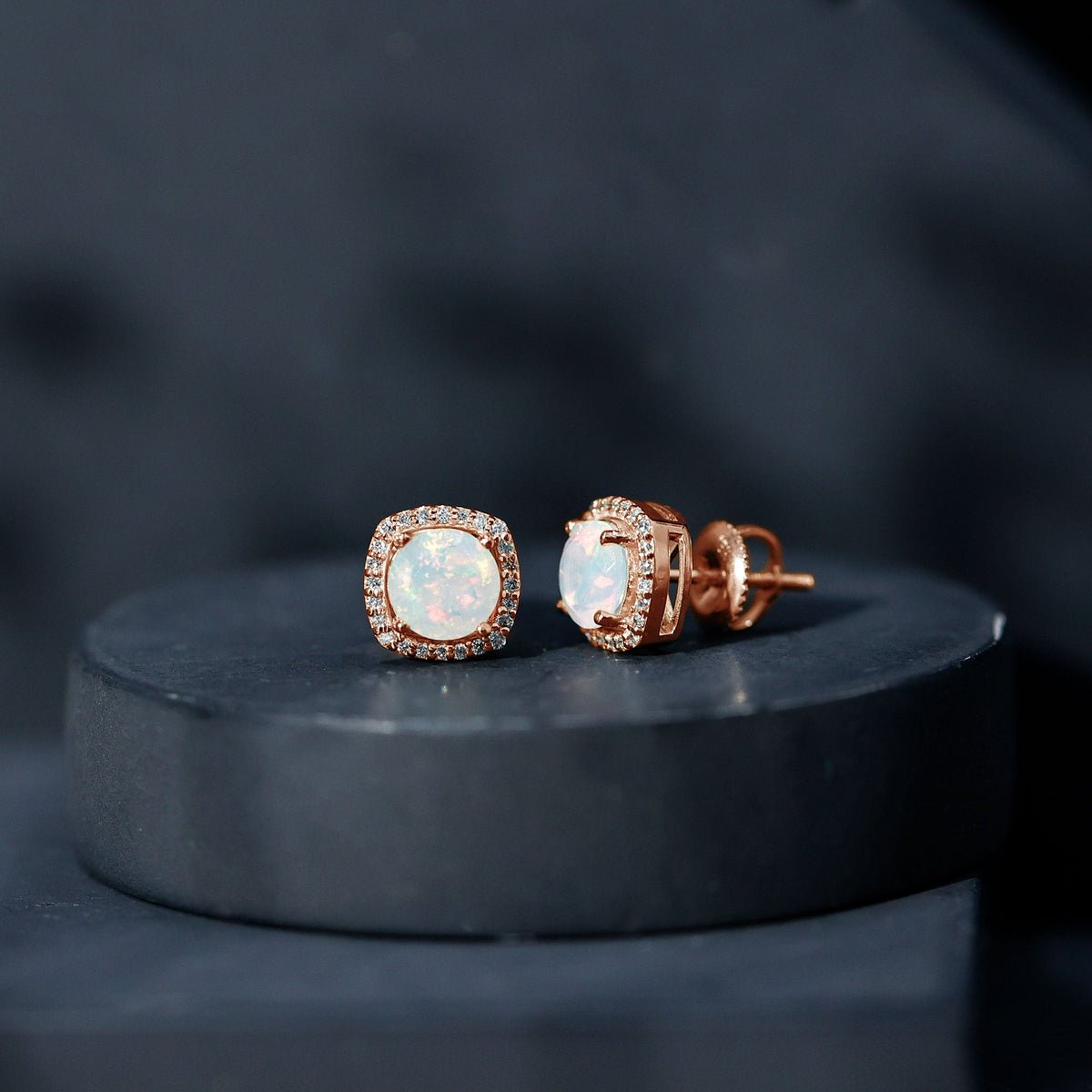 Ethiopian Opal Earrings – AAA Quality Opal Studs with Diamond Halo Design