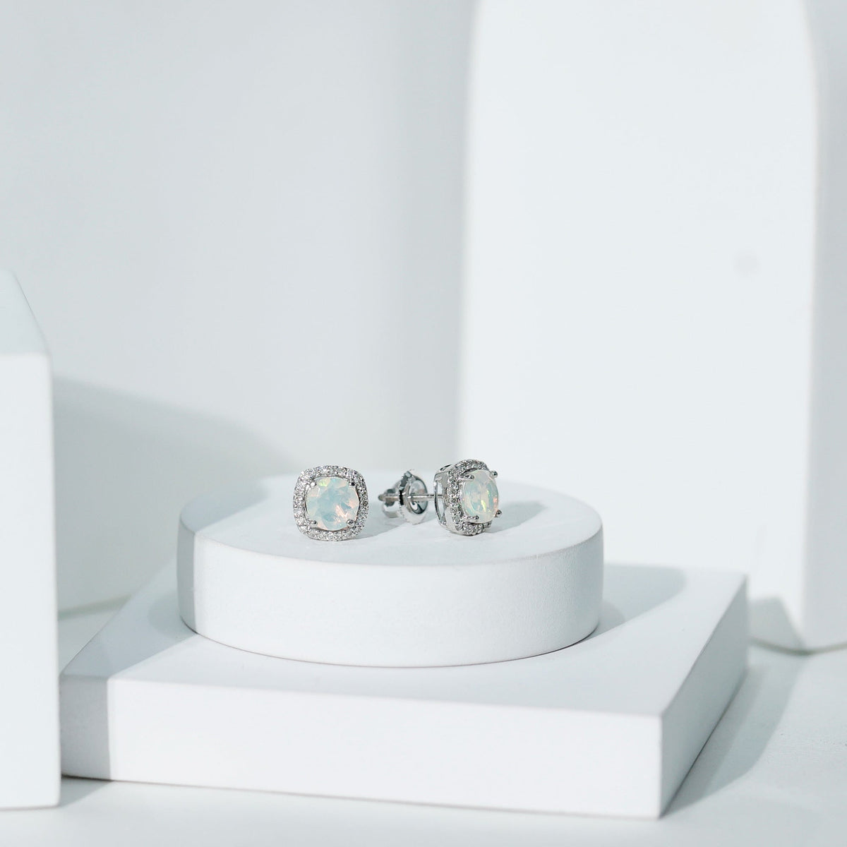 Ethiopian Opal Earrings – AAA Quality Opal Studs with Diamond Halo Design