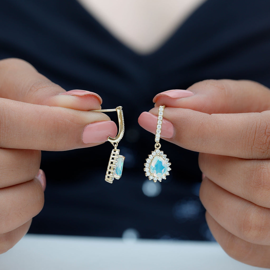 Ethiopian Opal Earrings – Bridal Teardrop Earrings with Moissanite Accent Studs
