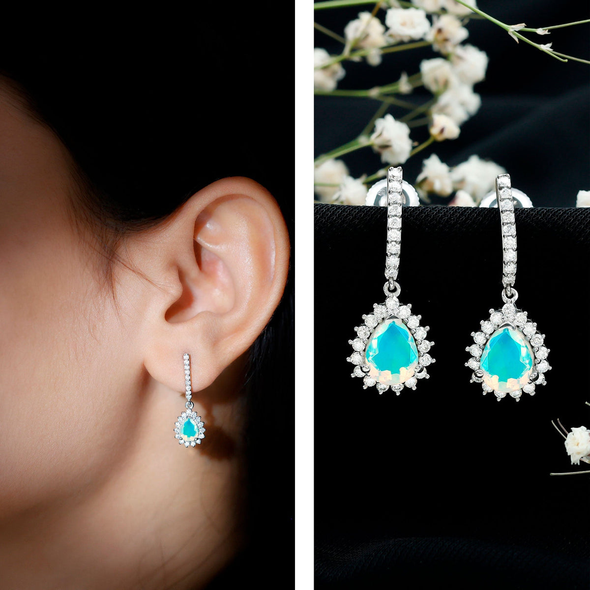 Ethiopian Opal Earrings – Bridal Teardrop Earrings with Moissanite Accent Studs