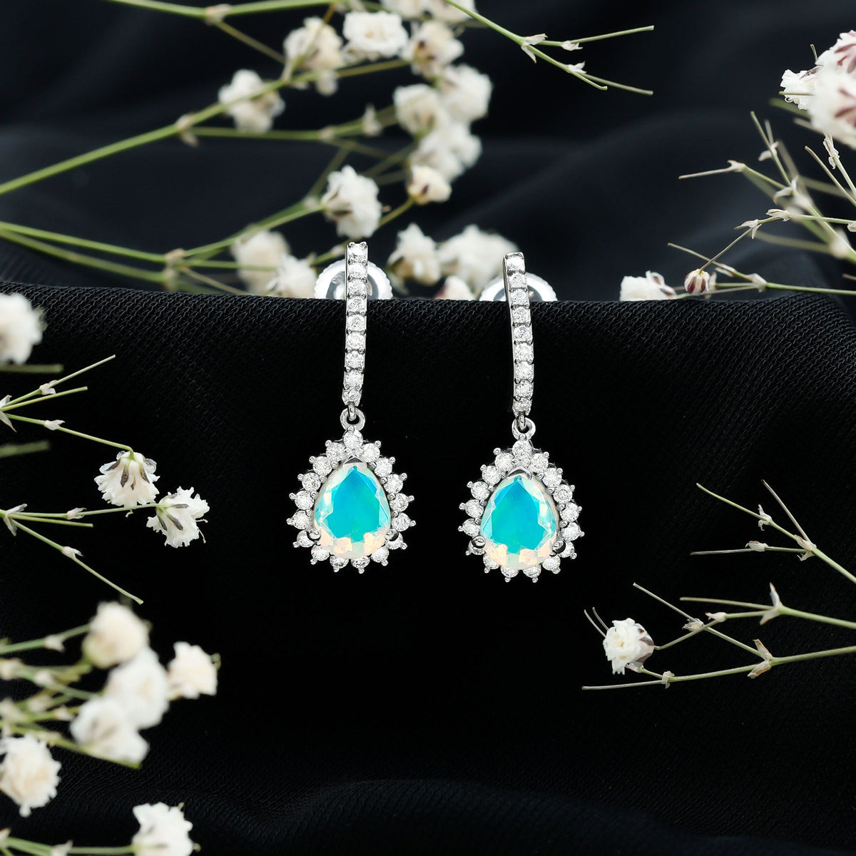 Ethiopian Opal Earrings – Bridal Teardrop Earrings with Moissanite Accent Studs