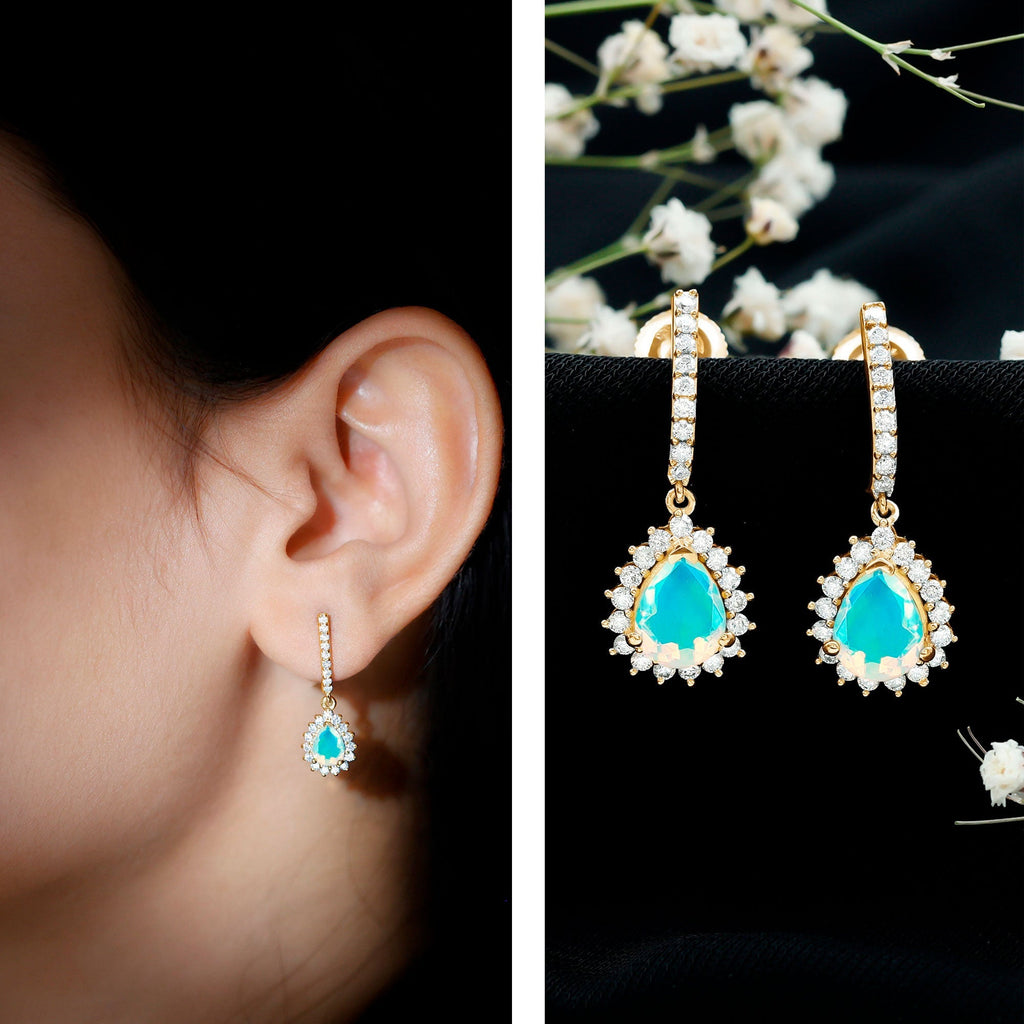 Ethiopian Opal Earrings – Bridal Teardrop Earrings with Moissanite Accent Studs