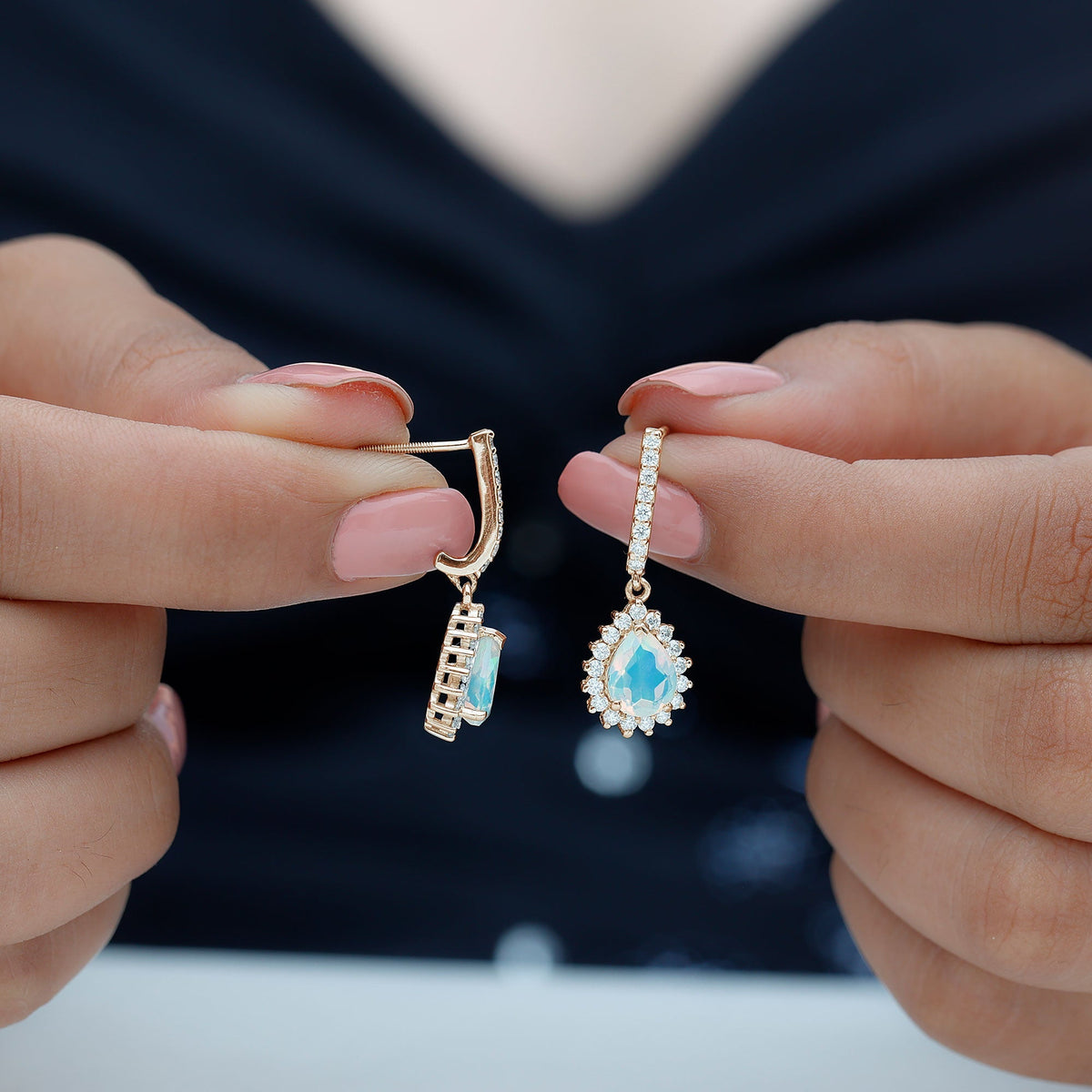 Ethiopian Opal Earrings – Bridal Teardrop Earrings with Moissanite Accent Studs