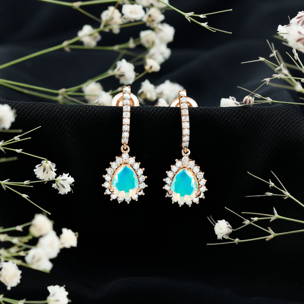Ethiopian Opal Earrings – Bridal Teardrop Earrings with Moissanite Accent Studs