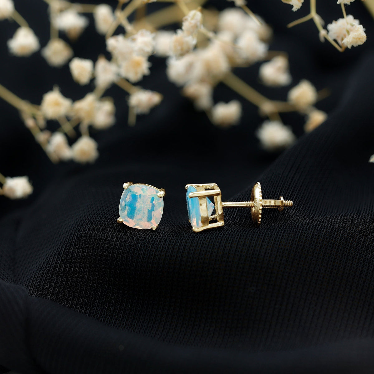Ethiopian Opal Earrings – Cushion Cut Opal Studs With Prong Setting For Women