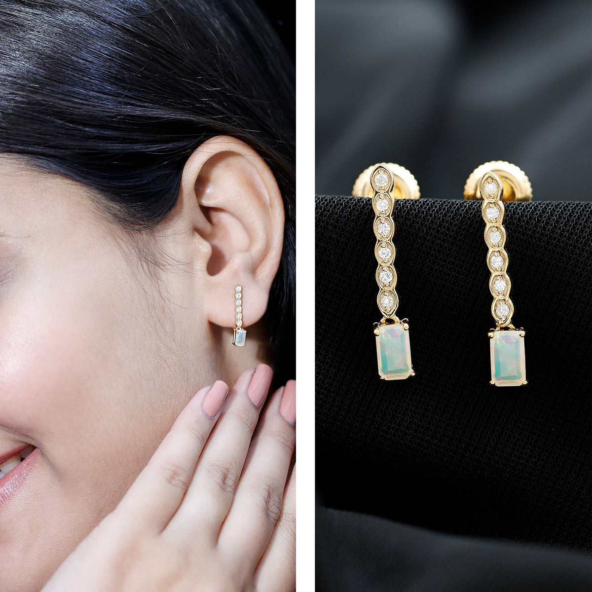 Ethiopian Opal Earrings – Emerald Cut Drop Earrings with Lab Grown Diamonds