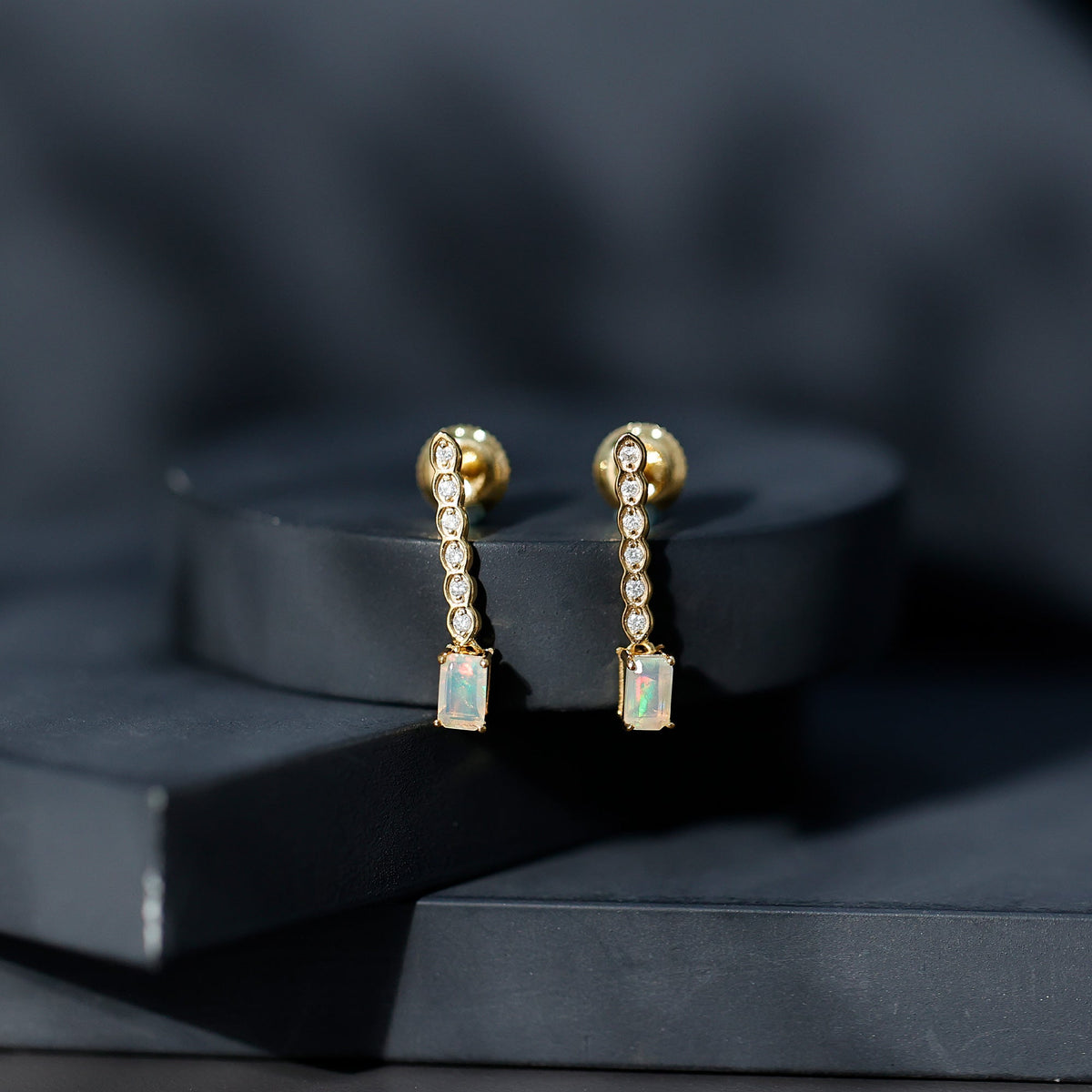 Ethiopian Opal Earrings – Emerald Cut Drop Earrings with Lab Grown Diamonds
