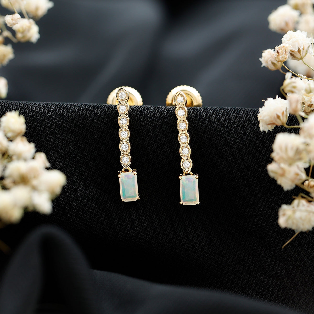 Ethiopian Opal Earrings – Emerald Cut Drop Earrings with Lab Grown Diamonds