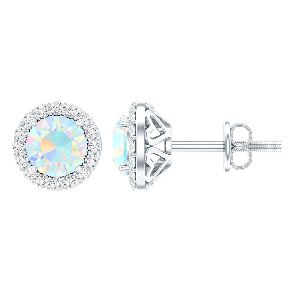 Ethiopian Opal Earrings – Halo Stud Earrings with Moissanite Halo Design