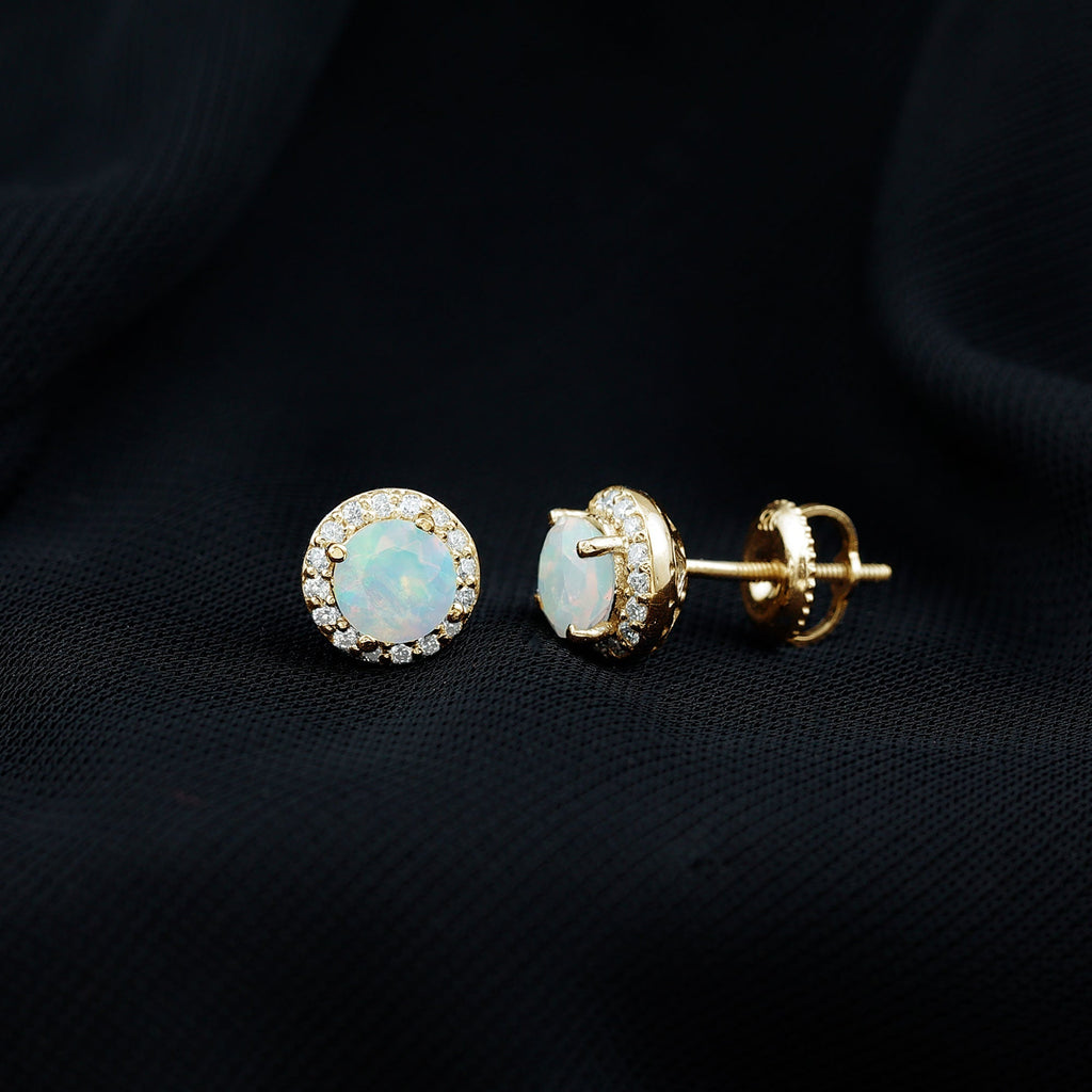 Ethiopian Opal Earrings – Halo Stud Earrings with Moissanite Halo Design