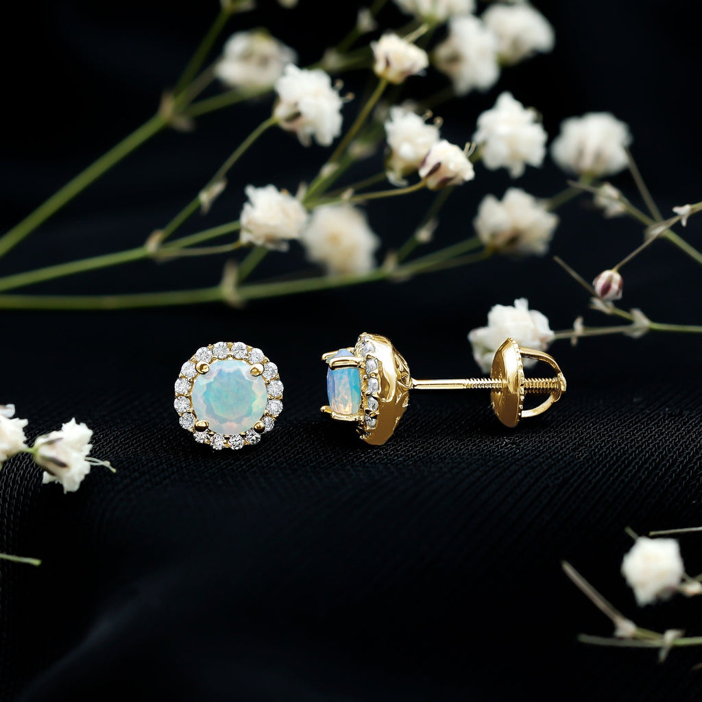 Ethiopian Opal Earrings – Halo Stud Earrings with Moissanite Halo Design