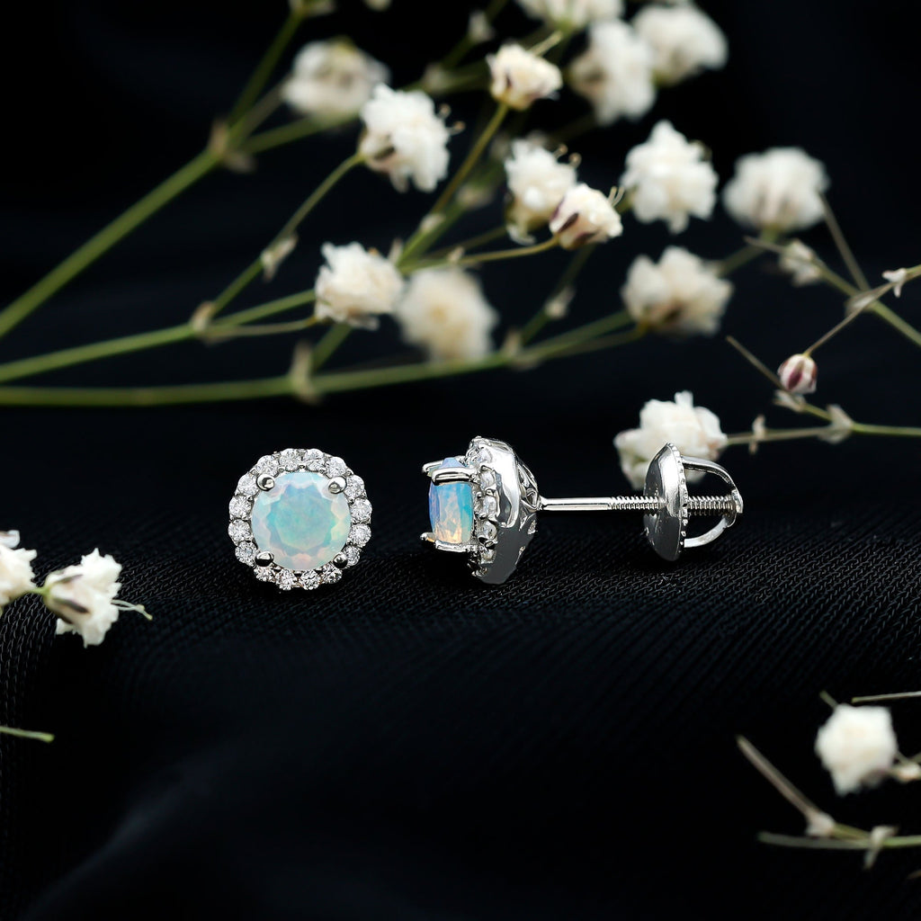 Ethiopian Opal Earrings – Halo Stud Earrings with Moissanite Halo Design