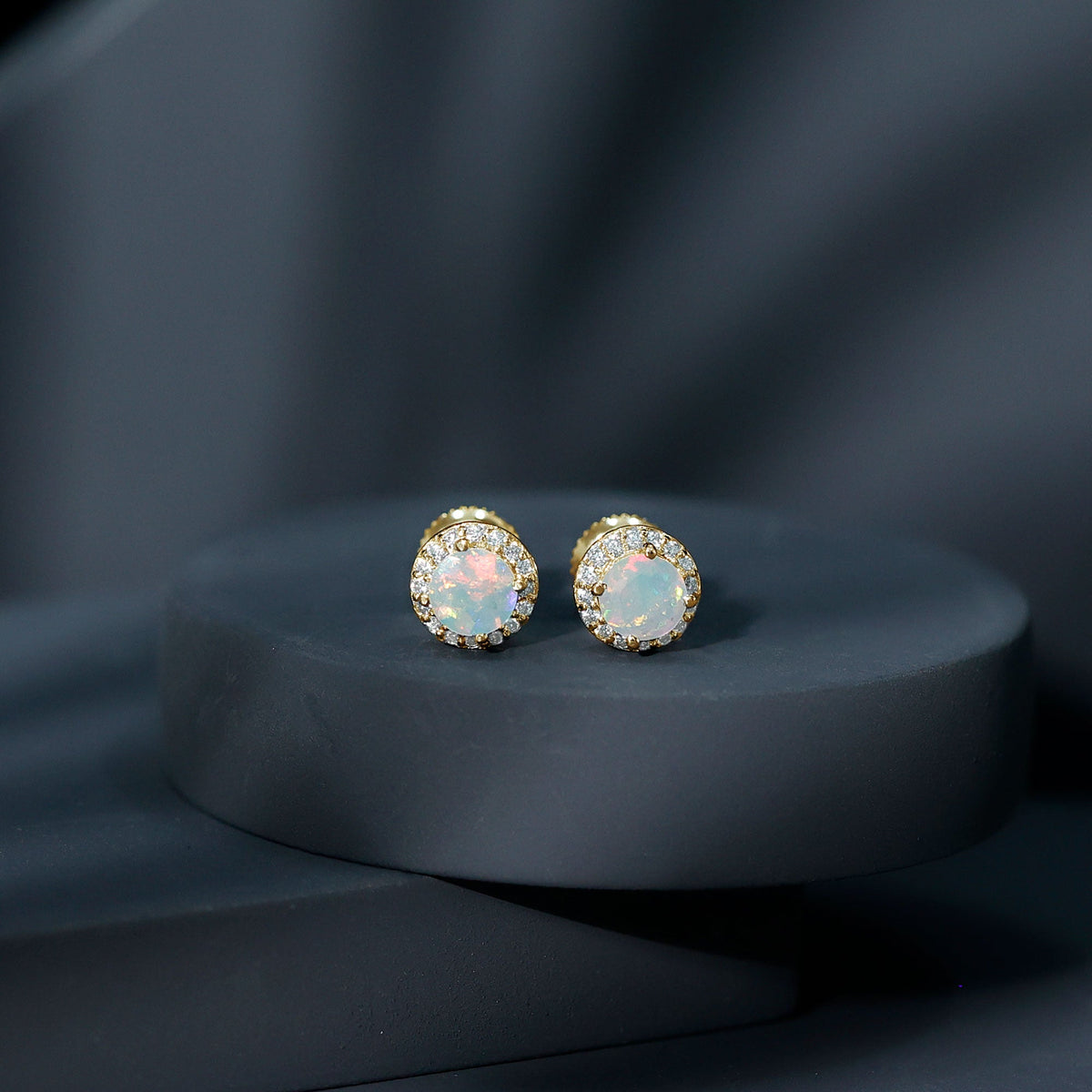 Ethiopian Opal Earrings – Halo Stud Earrings with Moissanite Halo Design
