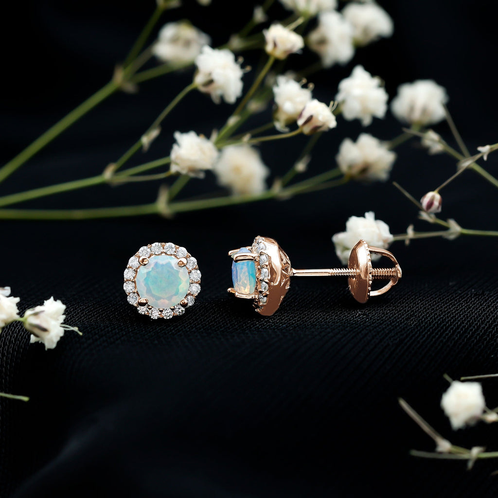 Ethiopian Opal Earrings – Halo Stud Earrings with Moissanite Halo Design