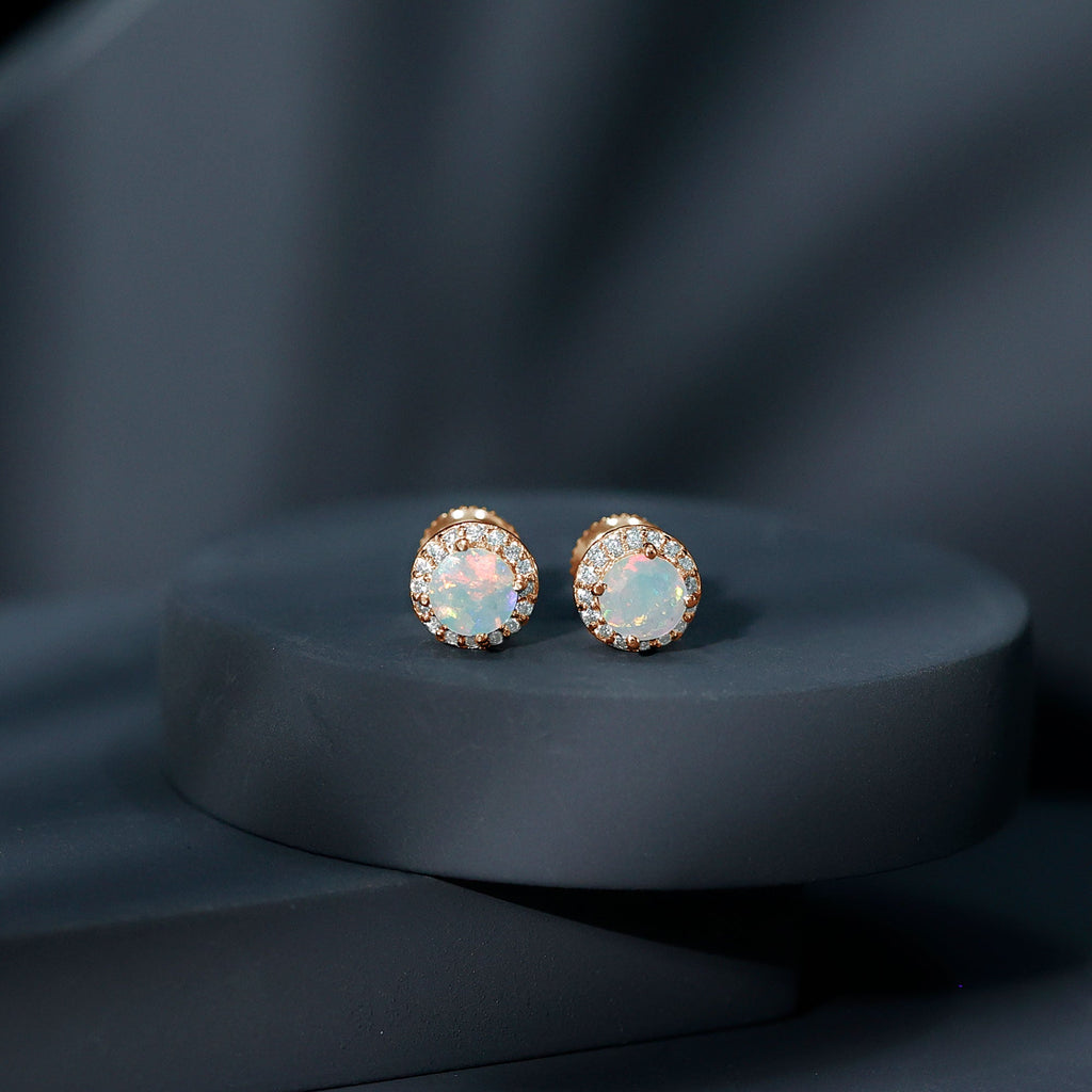 Ethiopian Opal Earrings – Halo Stud Earrings with Moissanite Halo Design