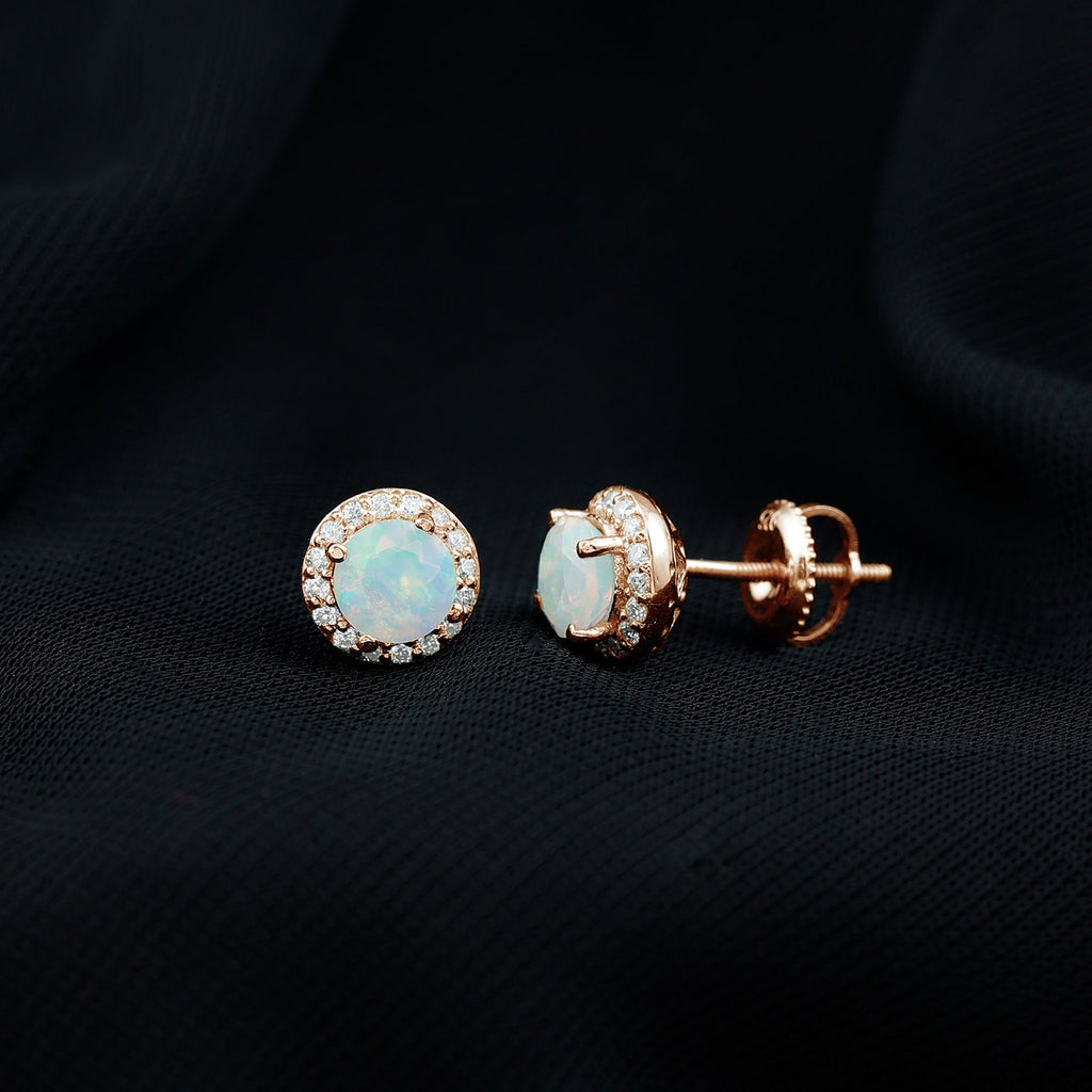 Ethiopian Opal Earrings – Halo Stud Earrings with Moissanite Halo Design