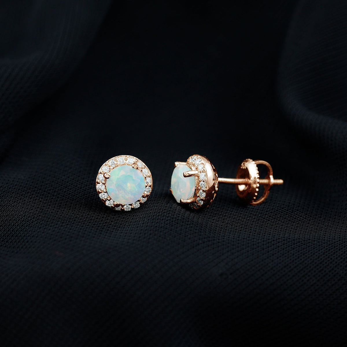 Ethiopian Opal Earrings – Halo Stud Earrings with Moissanite Halo Design