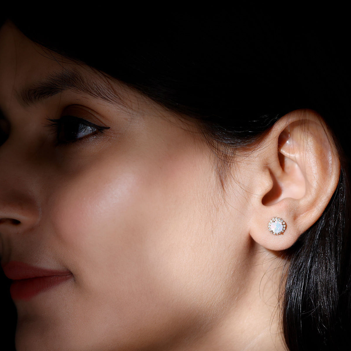 Ethiopian Opal Earrings – Halo Stud Earrings with Moissanite Halo Design