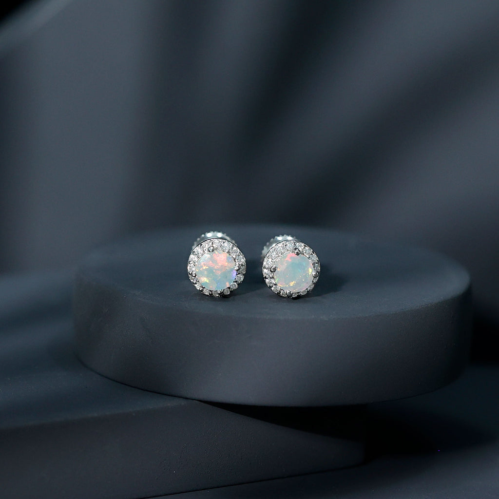 Ethiopian Opal Earrings – Halo Stud Earrings with Moissanite Halo Design
