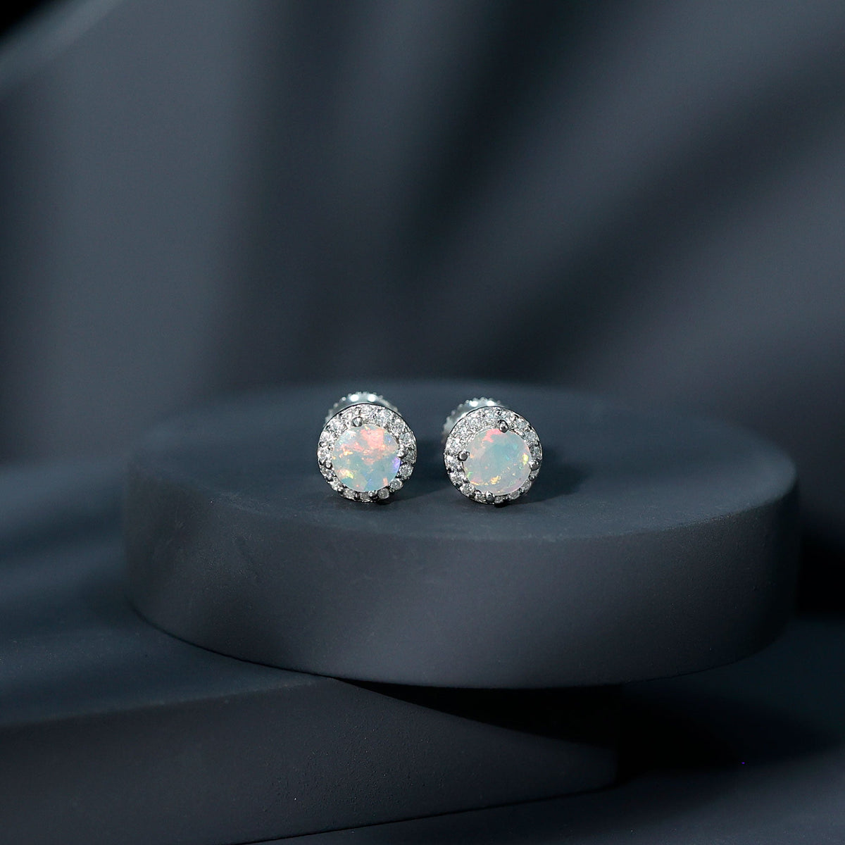 Ethiopian Opal Earrings – Halo Stud Earrings with Moissanite Halo Design