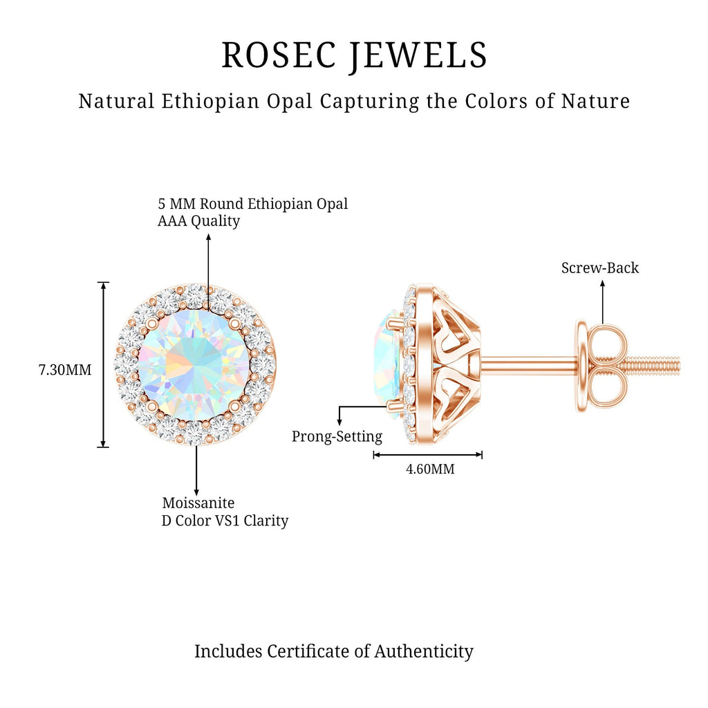 Ethiopian Opal Earrings – Halo Stud Earrings with Moissanite Halo Design