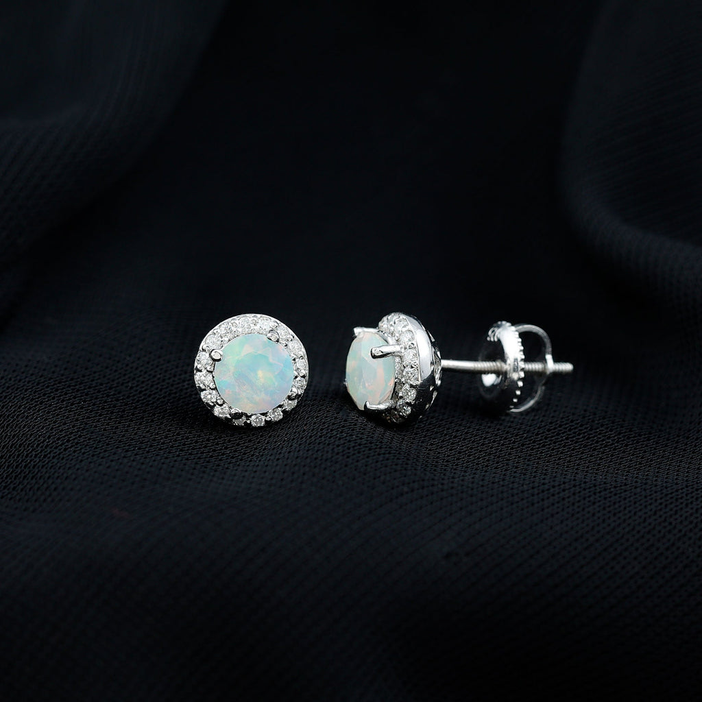 Ethiopian Opal Earrings – Halo Stud Earrings with Moissanite Halo Design