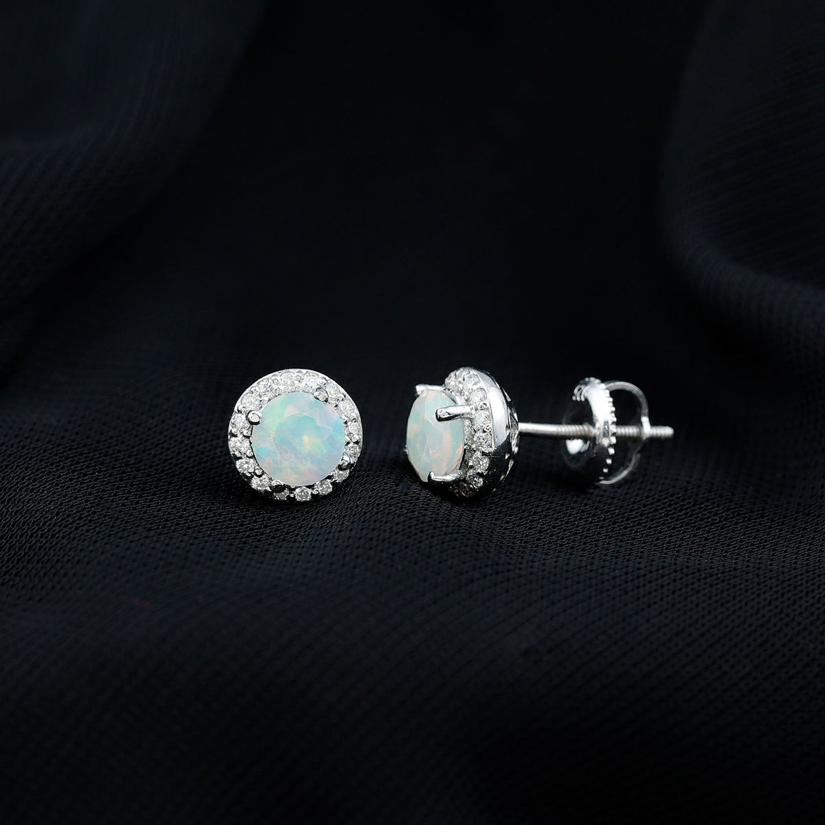 Ethiopian Opal Earrings – Halo Stud Earrings with Moissanite Halo Design
