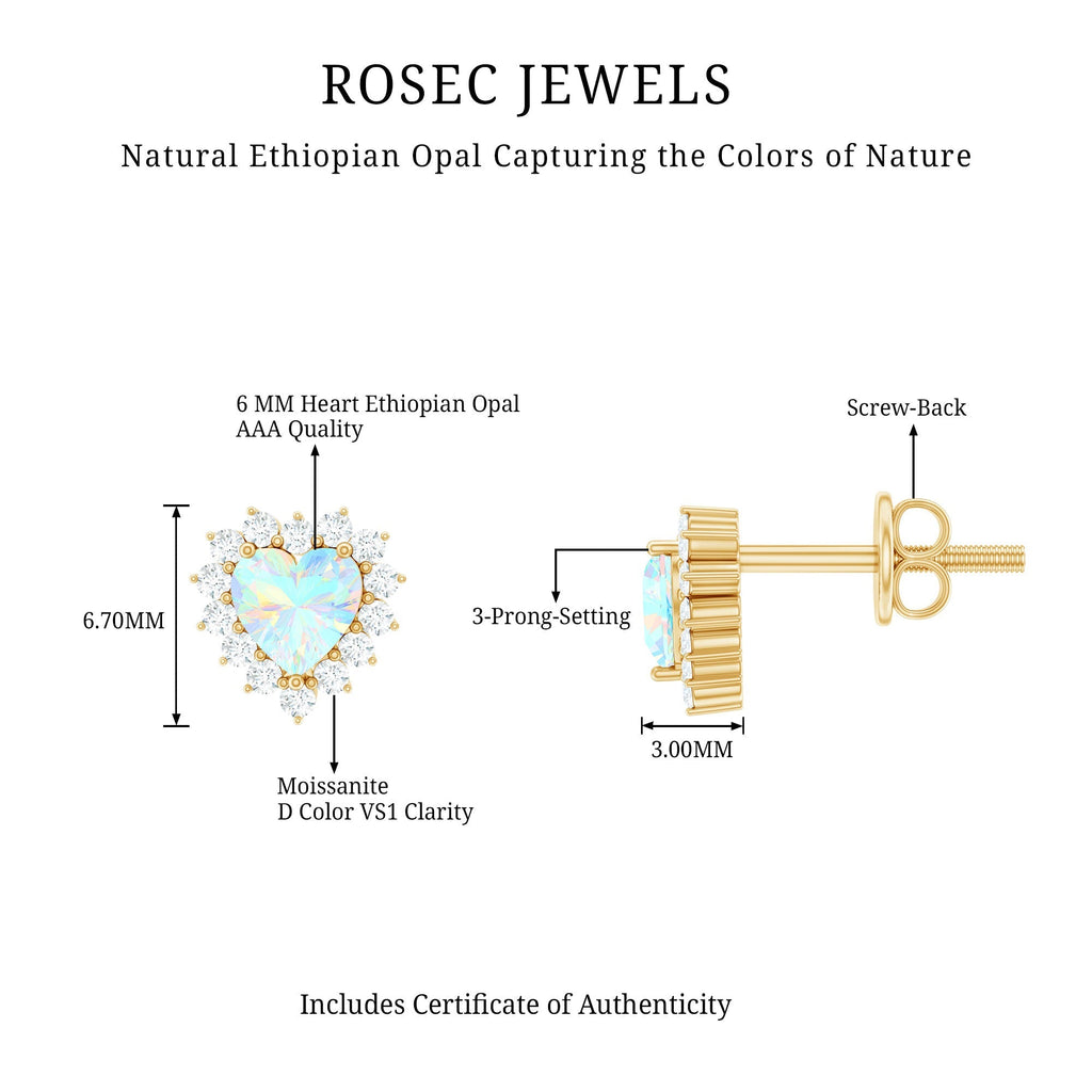 Ethiopian Opal Earrings – Heart Shaped 6mm Opal Stud with Diamond Halo Design