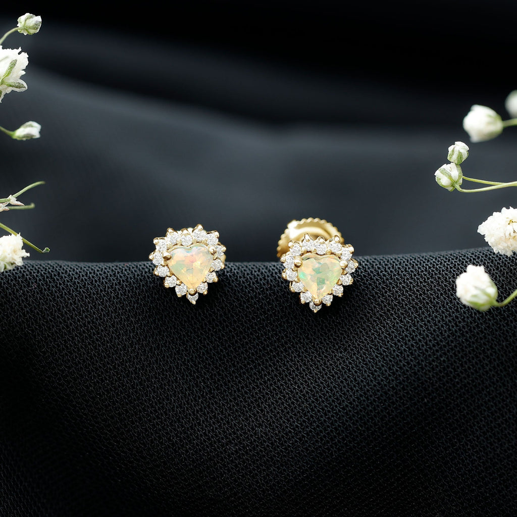 Ethiopian Opal Earrings – Heart Shaped 6mm Opal Stud with Diamond Halo Design