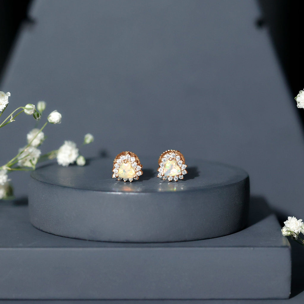 Ethiopian Opal Earrings – Heart Shaped 6mm Opal Stud with Diamond Halo Design