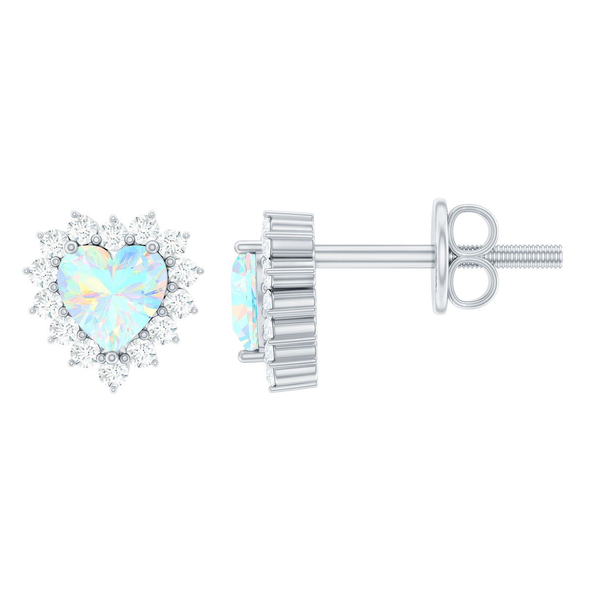 Ethiopian Opal Earrings – Heart Shaped 6mm Opal Stud with Diamond Halo Design