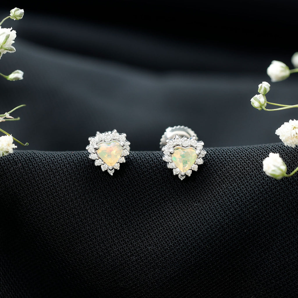 Ethiopian Opal Earrings – Heart Shaped 6mm Opal Stud with Diamond Halo Design