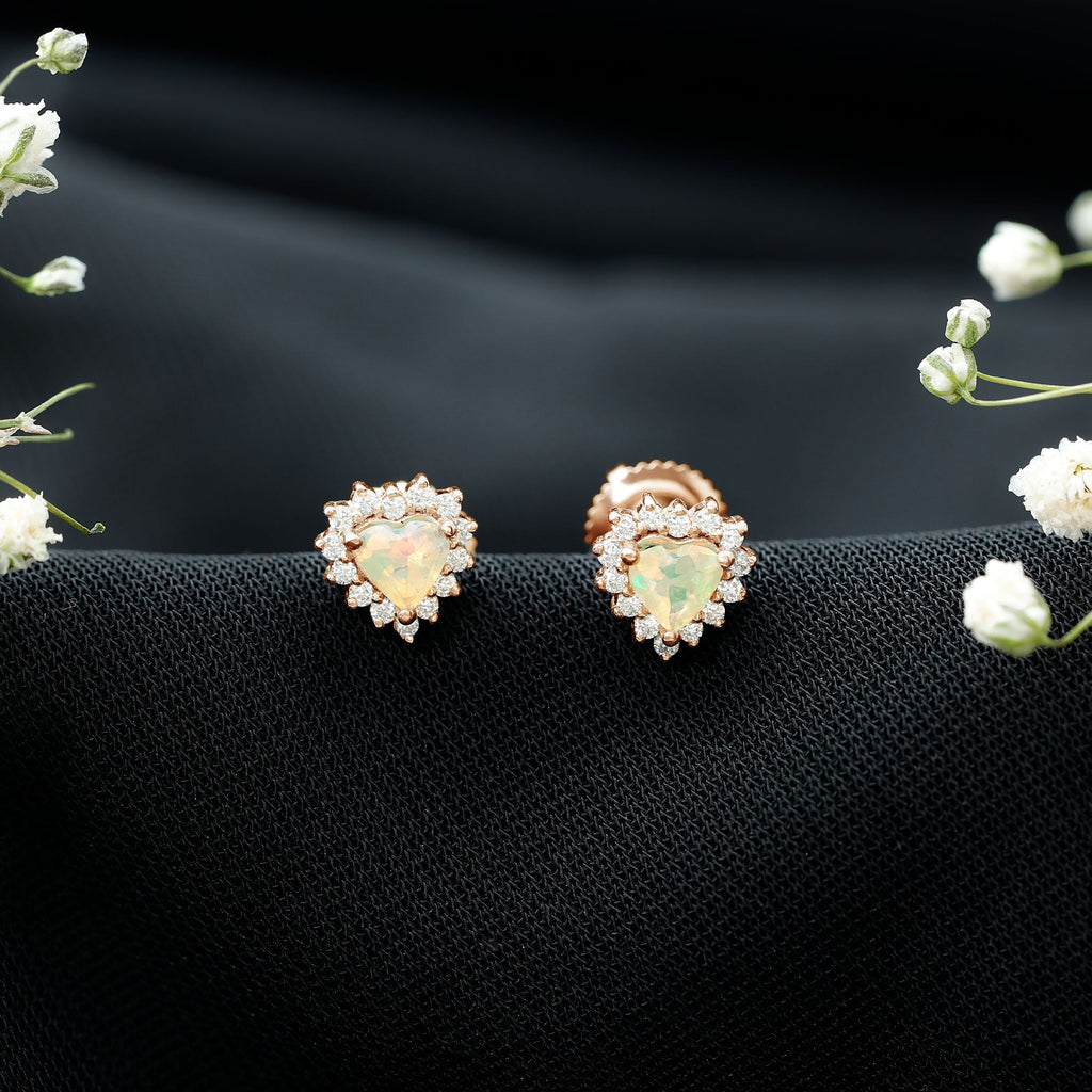 Ethiopian Opal Earrings – Heart Shaped 6mm Opal Stud with Diamond Halo Design