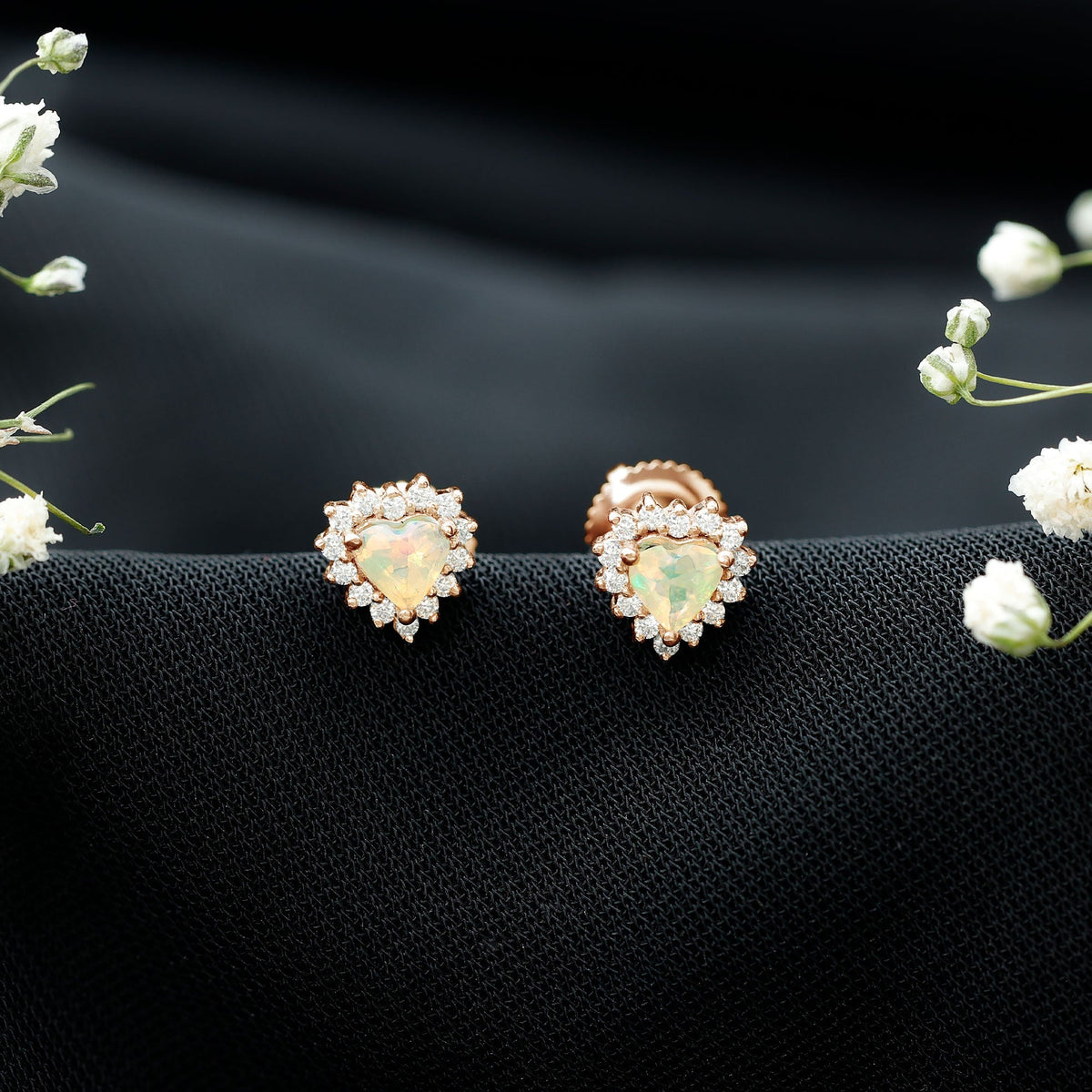 Ethiopian Opal Earrings – Heart Shaped 6mm Opal Stud with Diamond Halo Design