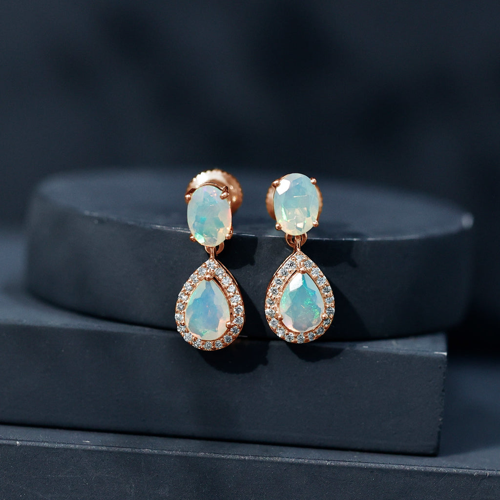 Ethiopian Opal Earrings – Opal Drop Earrings with Diamond Halo and Screw Back Closure