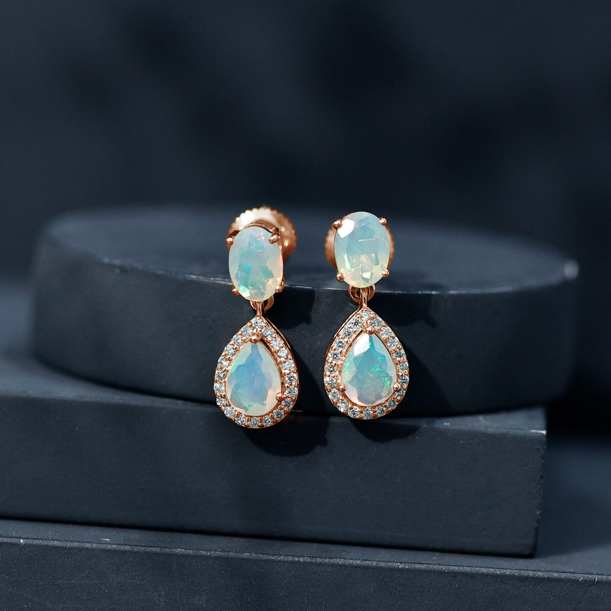 Ethiopian Opal Earrings – Opal Drop Earrings with Diamond Halo and Screw Back Closure