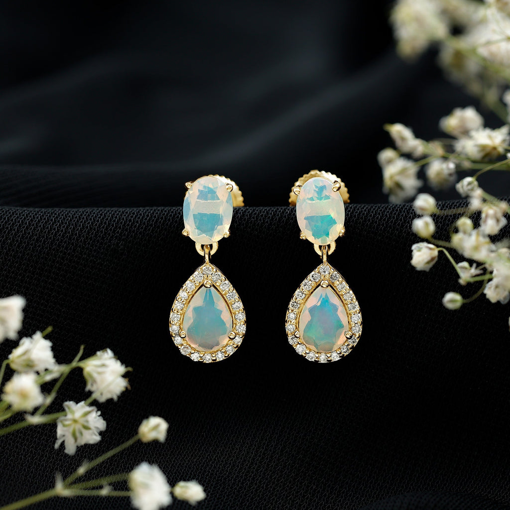 Ethiopian Opal Earrings – Opal Drop Earrings with Diamond Halo and Screw Back Closure