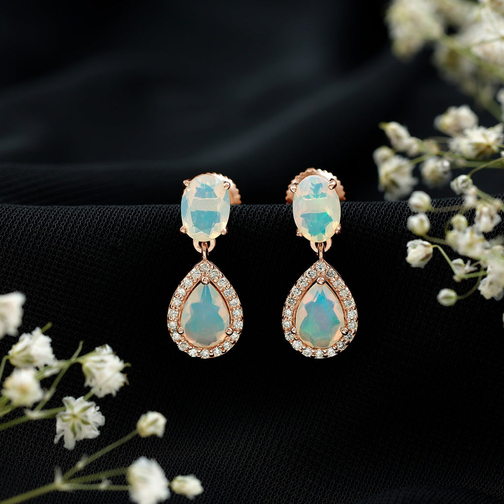 Ethiopian Opal Earrings – Opal Drop Earrings with Diamond Halo and Screw Back Closure