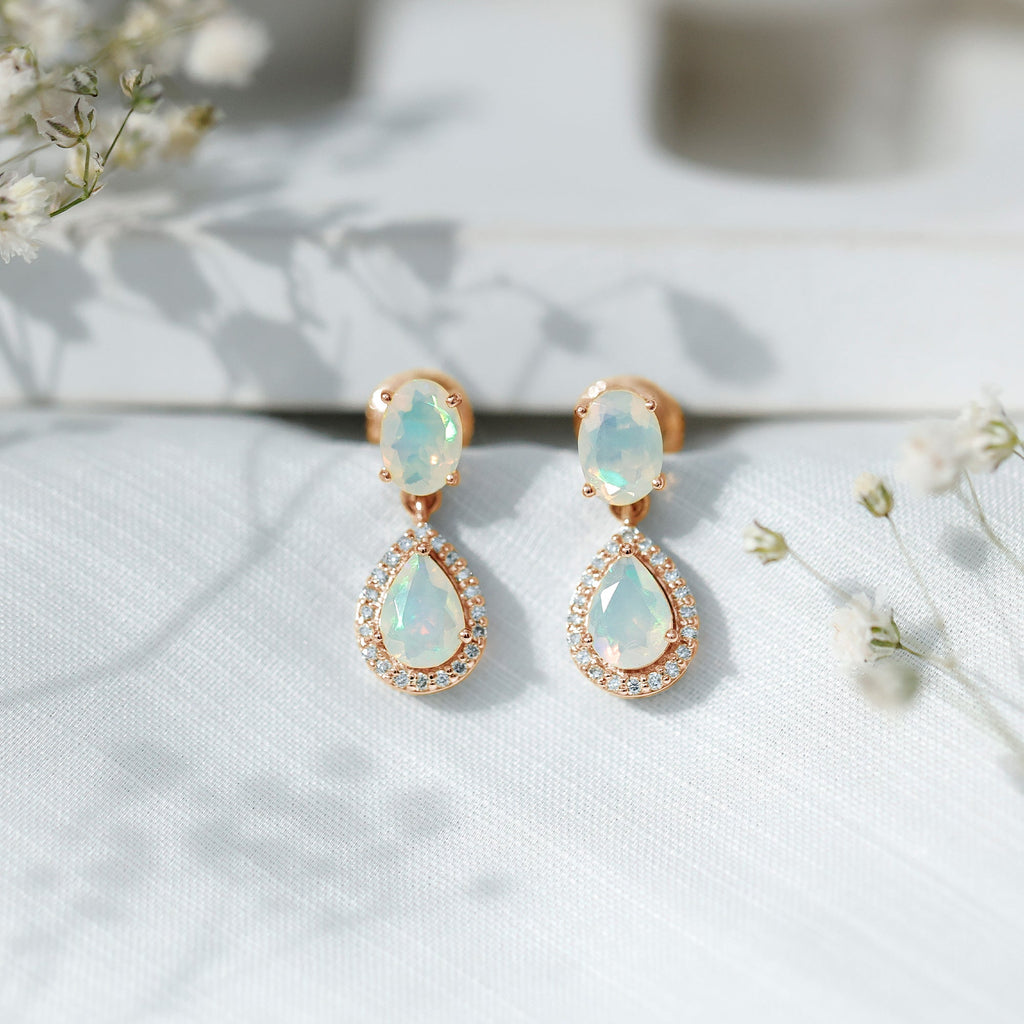 Ethiopian Opal Earrings – Opal Drop Earrings with Diamond Halo and Screw Back Closure