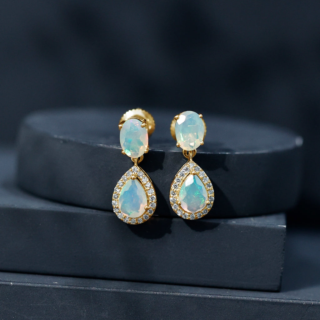 Ethiopian Opal Earrings – Opal Drop Earrings with Diamond Halo and Screw Back Closure