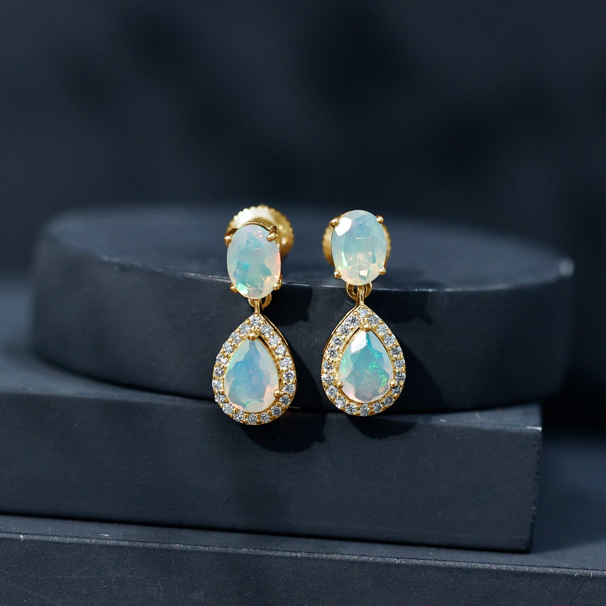 Ethiopian Opal Earrings – Opal Drop Earrings with Diamond Halo and Screw Back Closure