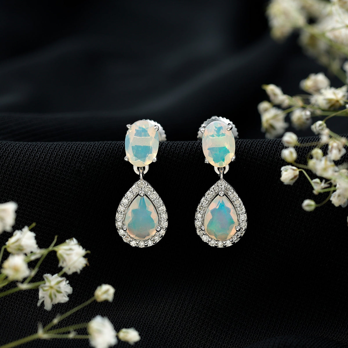 Ethiopian Opal Earrings – Opal Drop Earrings with Diamond Halo and Screw Back Closure