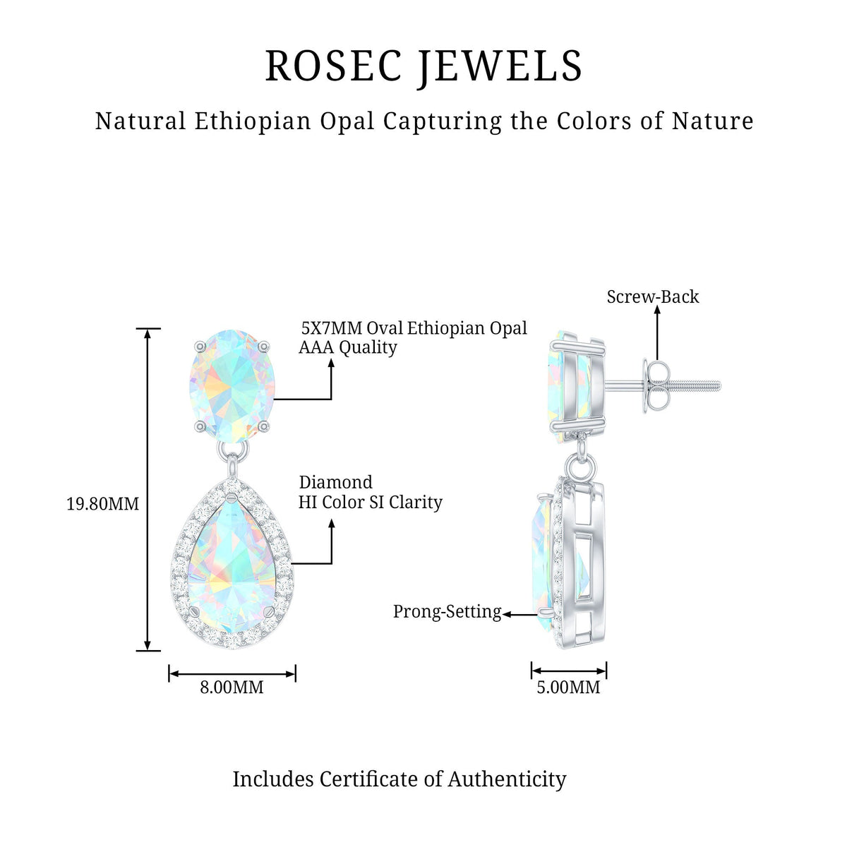 Ethiopian Opal Earrings – Opal Drop Earrings with Diamond Halo and Screw Back Closure