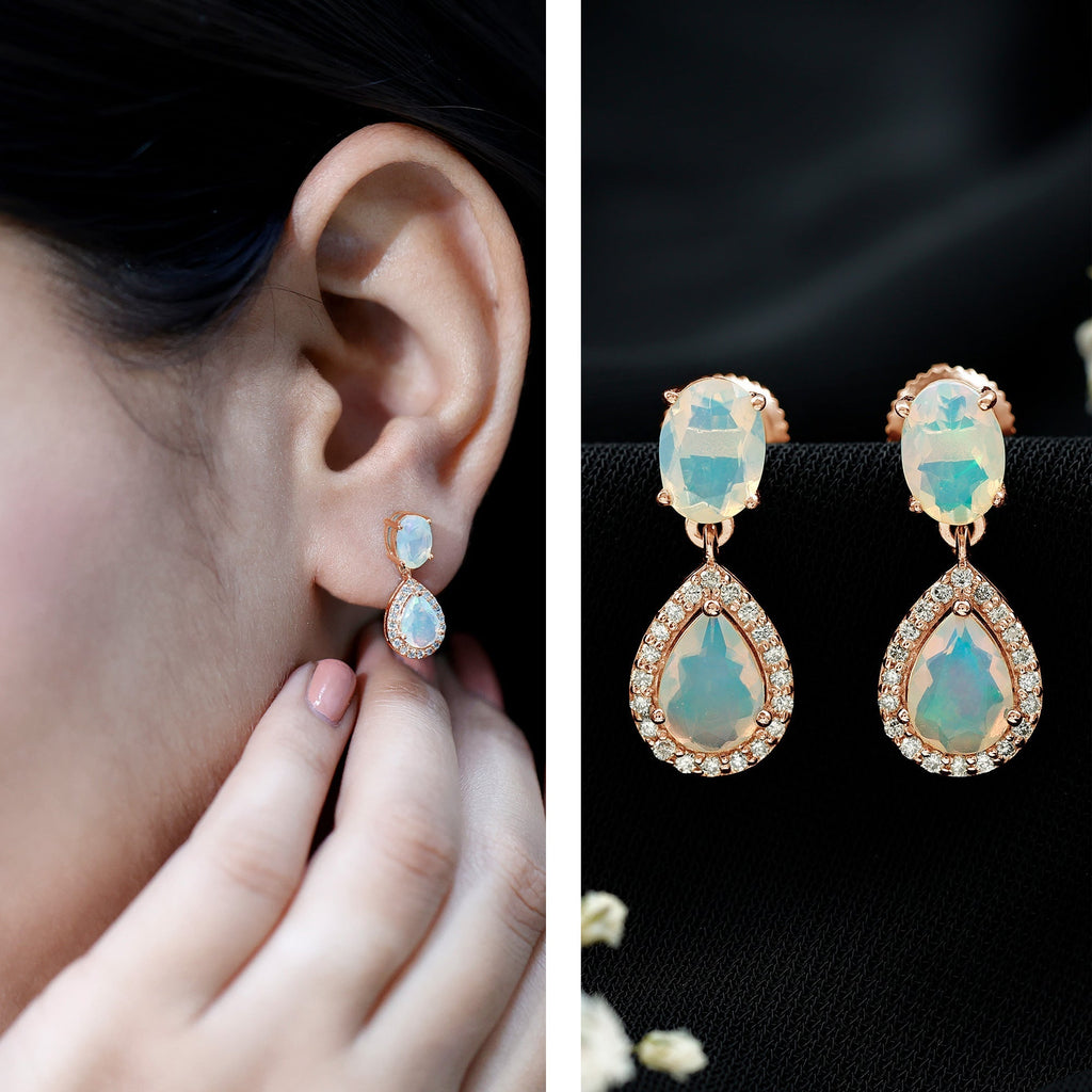 Ethiopian Opal Earrings – Opal Drop Earrings with Diamond Halo and Screw Back Closure