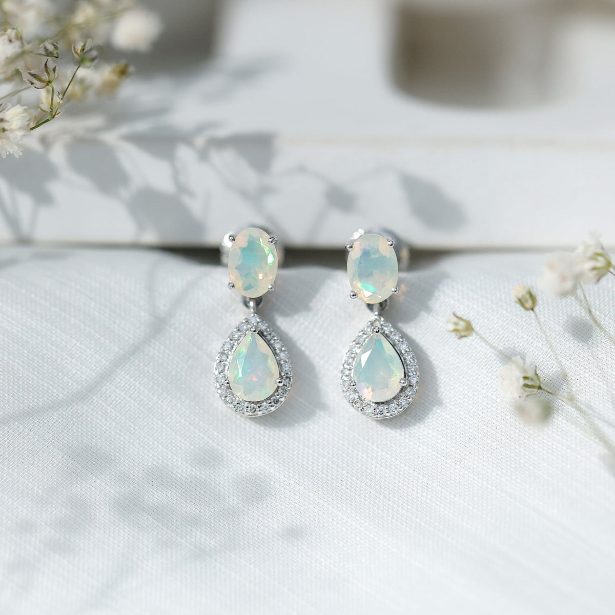 Ethiopian Opal Earrings – Opal Drop Earrings with Diamond Halo and Screw Back Closure