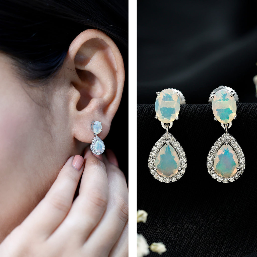 Ethiopian Opal Earrings – Opal Drop Earrings with Diamond Halo and Screw Back Closure