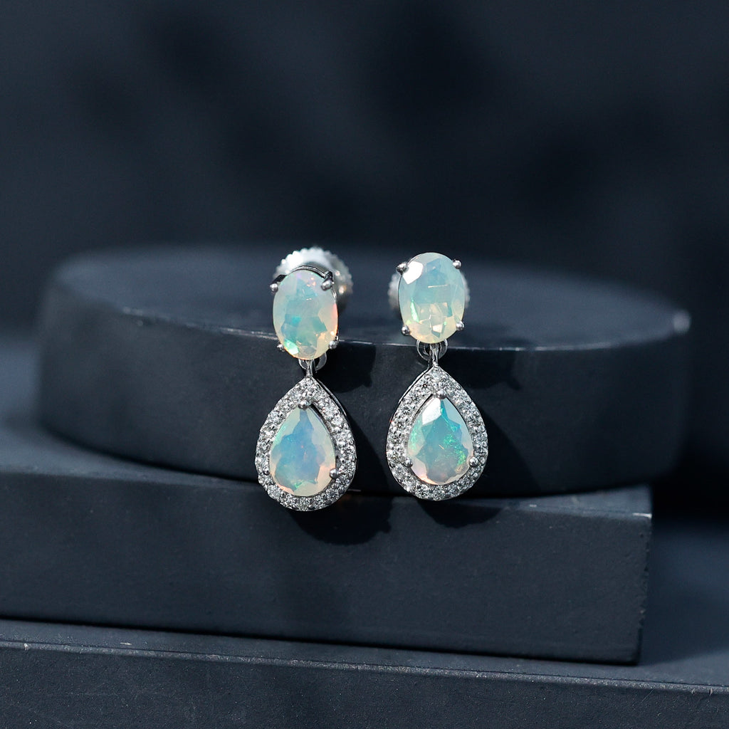 Ethiopian Opal Earrings – Opal Drop Earrings with Diamond Halo and Screw Back Closure