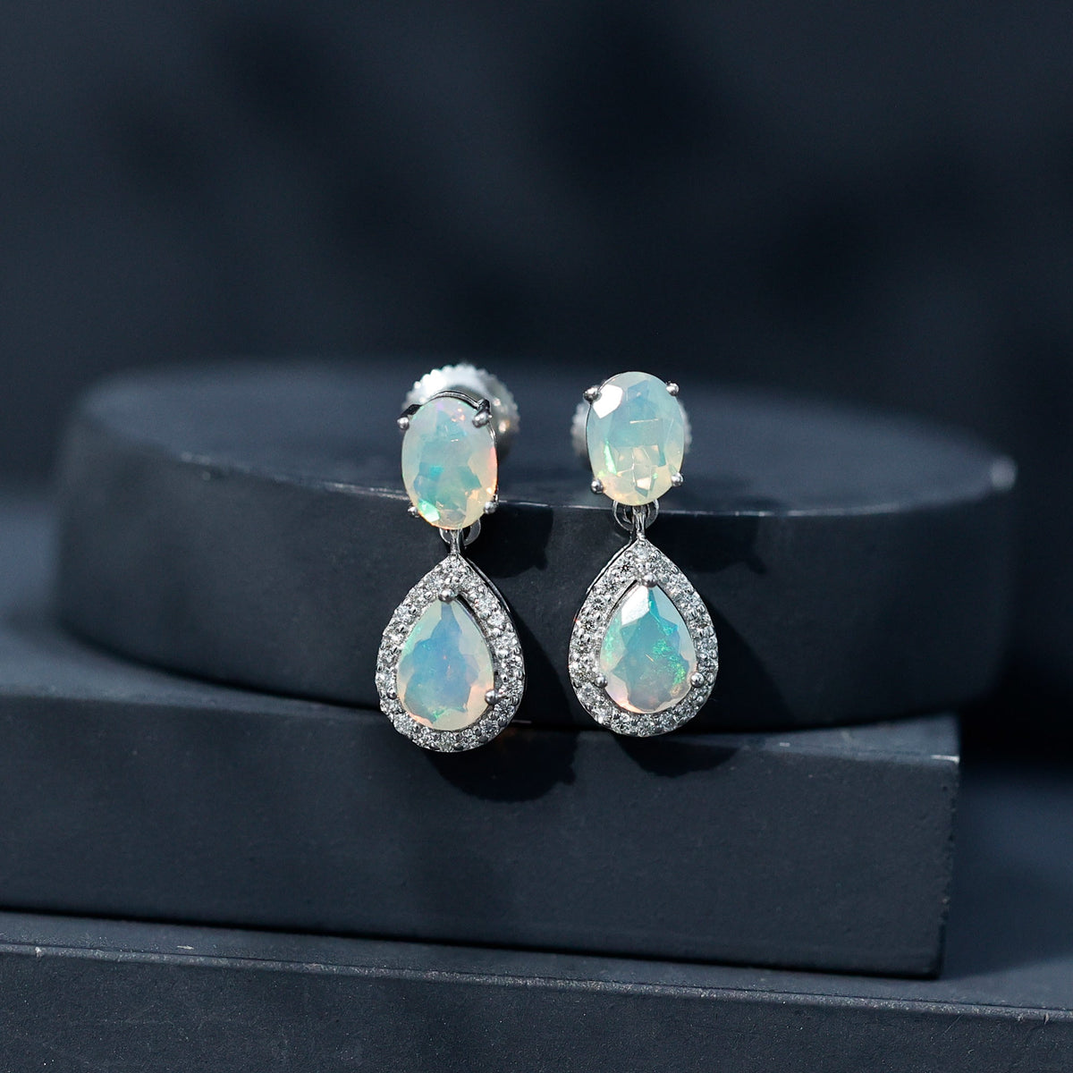 Ethiopian Opal Earrings – Opal Drop Earrings with Diamond Halo and Screw Back Closure