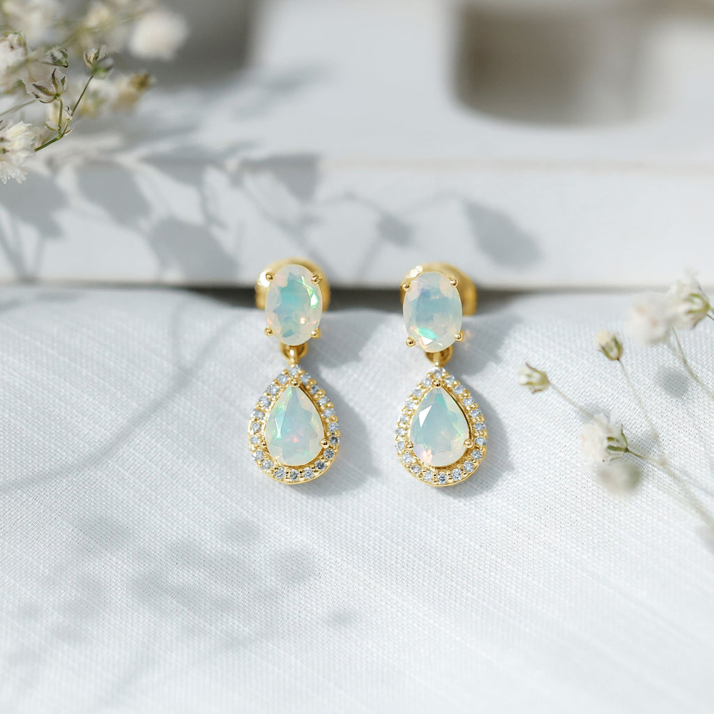 Ethiopian Opal Earrings – Opal Drop Earrings with Diamond Halo and Screw Back Closure