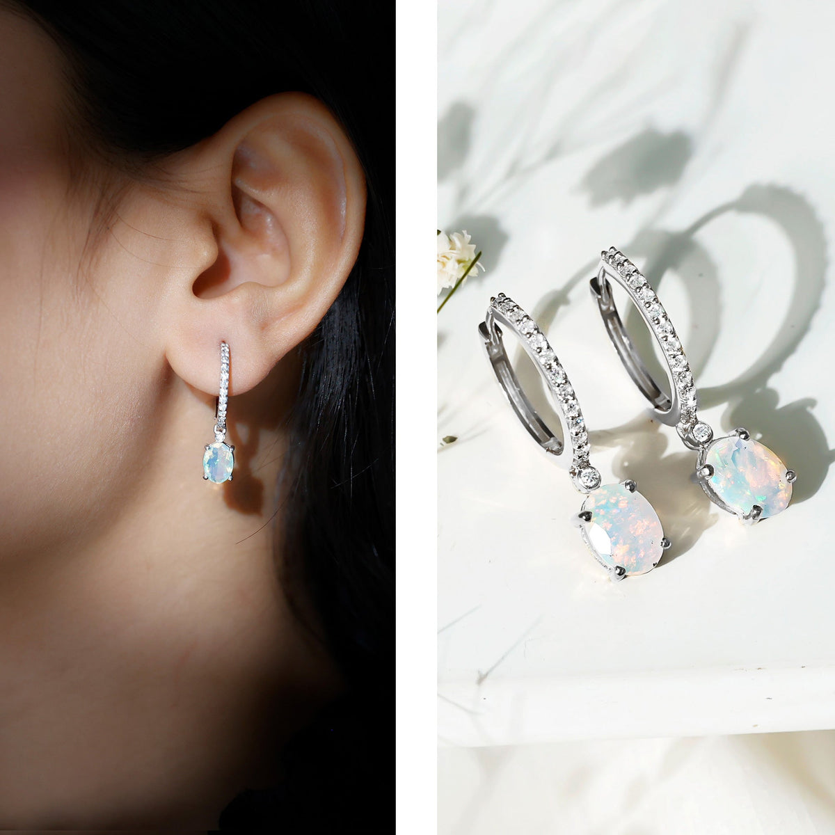 Ethiopian Opal Earrings – Oval Opal Drop Earrings with Sparkling Moissanite Hoops
